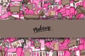 Makeup cartoon doodle backdrop design. Cute background concept for beauty greeting card, flyer, brochure. Royalty Free Stock Photo