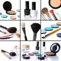 Makeup collage, eyeshadows, blusher,nail polish, brushes Royalty Free Stock Photo