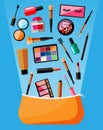 Makeup collection in bag. Decorative cosmetics.