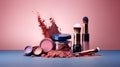 Makeup products set with crushed eyeshadow palette, powder-brushes.Generative A-