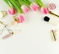 Makeup cosmetic accessories products and flowers