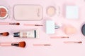 makeup cosmetic, brushes and accessory on pastel pink background Royalty Free Stock Photo