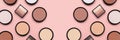 Makeup. Cosmetic products. Beige blush, eyeshadow and compact face powder on pink background. Banner. Tonal foundation.