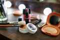 Makeup cosmetic set on the table closeup, nobody Royalty Free Stock Photo