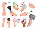 Makeup cosmetic supplies icons vector illustration. Makeup products, face and hair care set