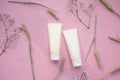 Makeup cosmetic tube 2 product. beauty fashion pink flat lay