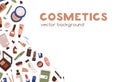 Makeup cosmetics banner. Ad background design with beauty products, sale promotion. Salon supplies, tools, accessories