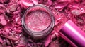 Makeup cosmetics, glitter glossy eye shadow or face blush, glitter in jar, pink glitter background, barbicor style