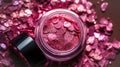Makeup cosmetics, glittery loose face shadows or blush, glitters in jar, pink glitter background, barbicor style. Beauty