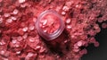 Makeup cosmetics, glittery loose face shadows or blush, glitters in jar, pink glitter background, barbicor style. Beauty