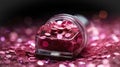 Makeup cosmetics, glittery loose face shadows or blush, glitters in jar, pink glitter background, barbicor style. Beauty