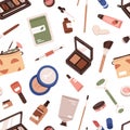 Makeup cosmetics pattern. Seamless background, repeating print with beauty make-up products, accessories. Endless