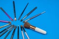 Set of various make up brushes on a blue background Royalty Free Stock Photo