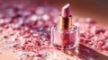 Makeup cosmetics, shiny glossy lip gloss or nail polish, liquid glitters in bottle, pink glitter background, Barbicor