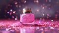 Makeup cosmetics, shiny glossy lip gloss or nail polish, liquid glitters in bottle, pink glitter background, Barbicor