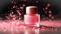 Makeup cosmetics, shiny glossy lip gloss or nail polish, liquid glitters in bottle, pink glitter background, Barbicor