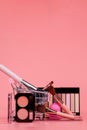 Makeup cosmetics such as eyeshadows, lipstick, mascara and makeup accessories. Makeup cosmetics sale concept Royalty Free Stock Photo