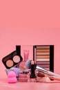 Makeup cosmetics such as eyeshadows, lipstick, mascara and makeup accessories. Makeup cosmetics sale concept Royalty Free Stock Photo