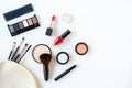 Makeup cosmetics tools background and beauty cosmetics, products and facial cosmetics package lipstick, eye shadow Royalty Free Stock Photo