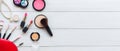 Makeup cosmetics tools background and beauty cosmetics, products and facial cosmetics package lipstick, eye shadow on the white ba Royalty Free Stock Photo