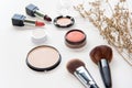 Makeup cosmetics tools background and beauty cosmetics, products and facial cosmetics package lipstick, eyeshadow on the white bac Royalty Free Stock Photo