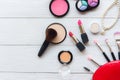 Makeup cosmetics tools background and beauty cosmetics, products and facial cosmetics package lipstick, eye shadow Royalty Free Stock Photo