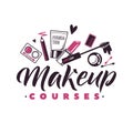 Makeup Courses Vector Logo. Illustration of cosmetics. Beautiful Lettering illustration