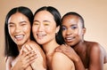 Makeup, diversity and woman happiness together for support, facial wellness and cosmetics dermatology care in brown