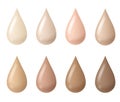 Makeup drops. Woman liquid bb cream foundation beige tints, cosmetic skin fluid tones, creamy texture droplets. Vector