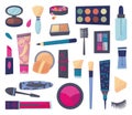 Makeup elements isolated doodle icons. Cosmetics products, female beauty collection. Lipstick, brushes and shadows