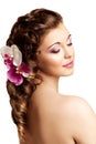 Makeup, hairstyle. Young beautiful woman with luxurious hair. Mo Royalty Free Stock Photo