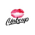 Makeup hand written lettering logo, label, emblem with watercolor lips.