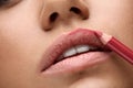 Makeup Lips. Beautiful Woman Lips With Lip Pen, Liner, Pencil Royalty Free Stock Photo