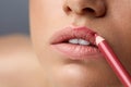 Makeup Lips. Beautiful Woman Lips With Lip Pen, Liner, Pencil Royalty Free Stock Photo