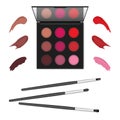 Makeup lipstick palette with smear samples and make-up brushes isolated on white background vector illustration