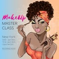 Makeup master class banner with beautiful brown skin tone woman, modern pin up style. Pop-art beauty brown lady with curly hair ap Royalty Free Stock Photo