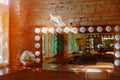 A makeup mirror with light bulbs on a brick wall background Royalty Free Stock Photo