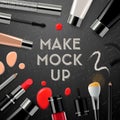 Makeup mockup with collection cosmetics and accessories