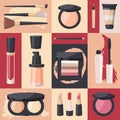 Makeup product icons in colorful collage, vector illustration. Cosmetic isolated items in flat style, set of stickers