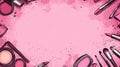 Pink Makeup Border Lipstick, Brushes, Compact - Beauty Background Royalty Free Stock Photo