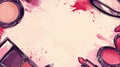 Pink Lipstick and Makeup Palette Frame with Watercolor Splashes - Beauty Background Royalty Free Stock Photo