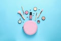 Makeup products with cosmetic bag Royalty Free Stock Photo