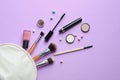 Makeup products with cosmetic bag Royalty Free Stock Photo