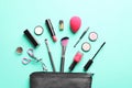 Makeup products with cosmetic bag Royalty Free Stock Photo