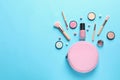 Makeup products with cosmetic bag Royalty Free Stock Photo