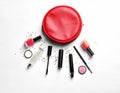 Makeup products with cosmetic bag Royalty Free Stock Photo