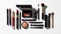 Luxury Makeup Collection Flat Lay Lipsticks, Brushes, Mascara, and Eye Shadow Palette Royalty Free Stock Photo