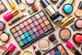 Makeup Products Flat Lay Eyeshadow Palette Brushes and Cosmetics Royalty Free Stock Photo