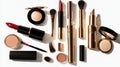 Luxury Makeup Collection Lipsticks, Bronzer, Brushes, and Powder Compacts on White Background Royalty Free Stock Photo