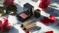 Luxury Makeup Set with Roses Eyeshadow Palette, Brushes, and Lipstick on Marble Royalty Free Stock Photo